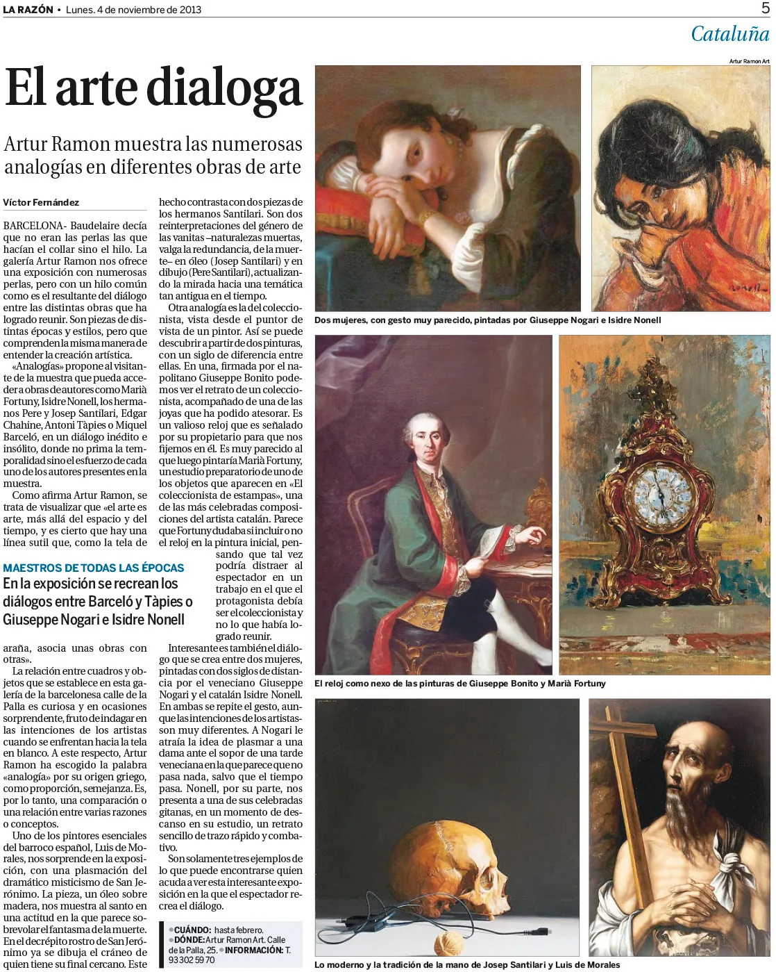 Article de premsa 'El arte dialoga' de La Razón, destacant exposicions i obres d'art en galeries.