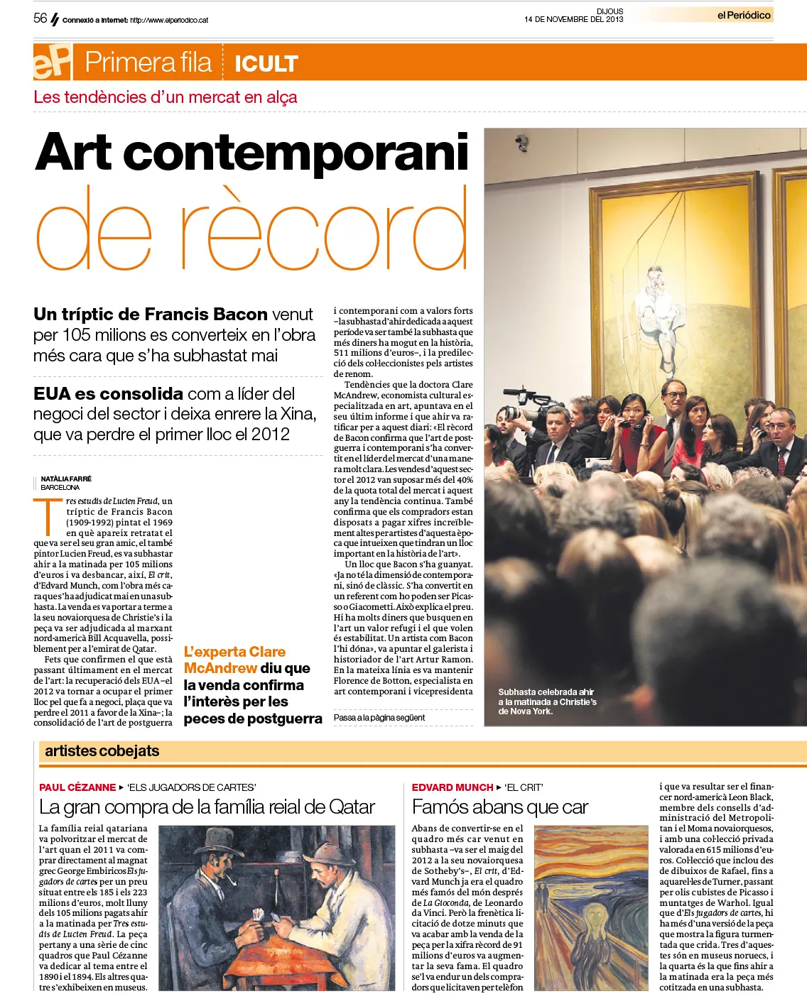 Portada d'El Periódico de Catalunya del 14 de novembre de 2013, destacant rècords en art contemporani. Una imatge essencial per a la premsa diària i els amants de l'art.