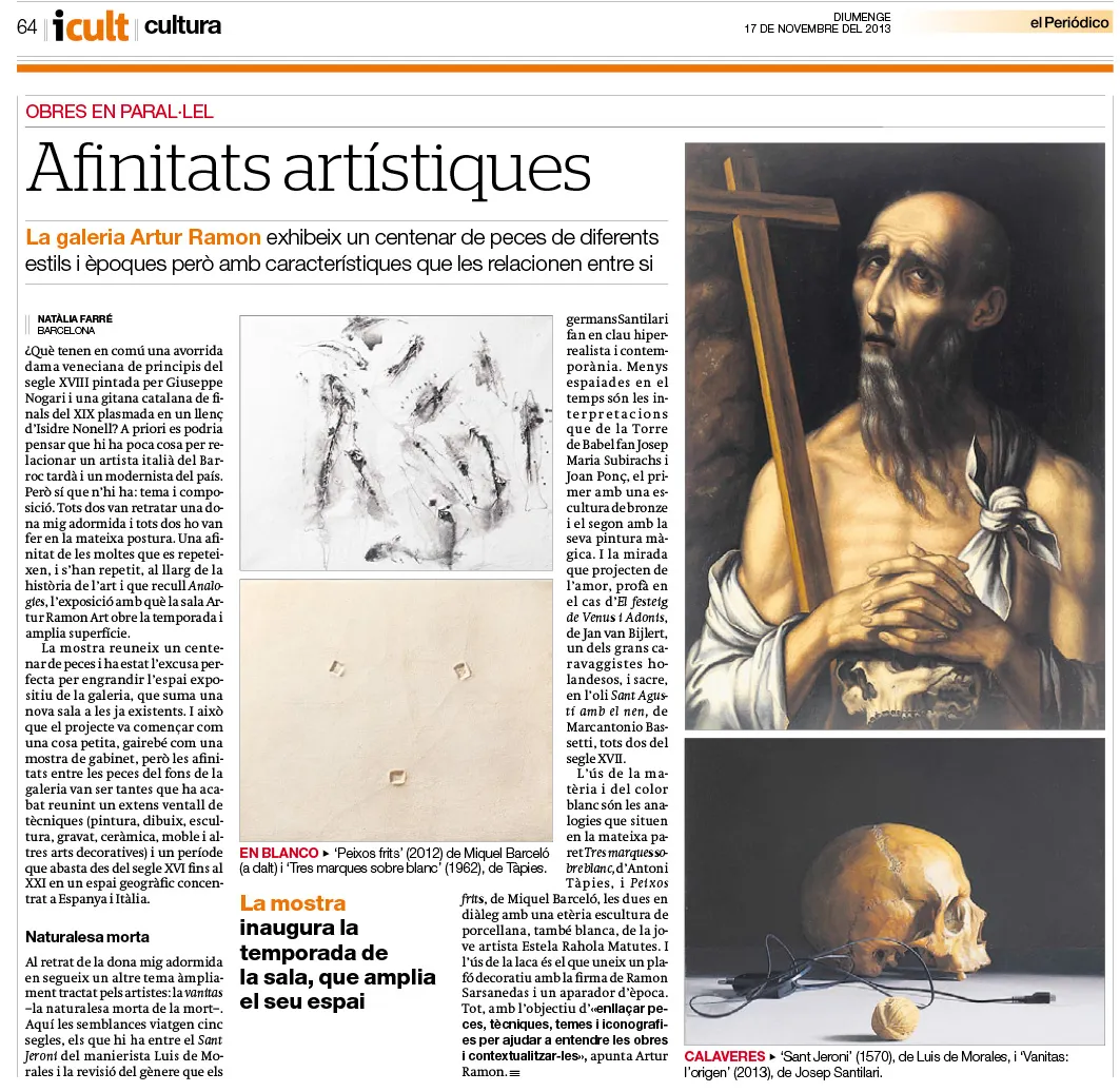 Anàlisi d'afinitats artístiques al diari El Periódico, destacant la interconnexió visual i temàtica entre obres i artistes mitjançant una maquetació acurada i accessible.