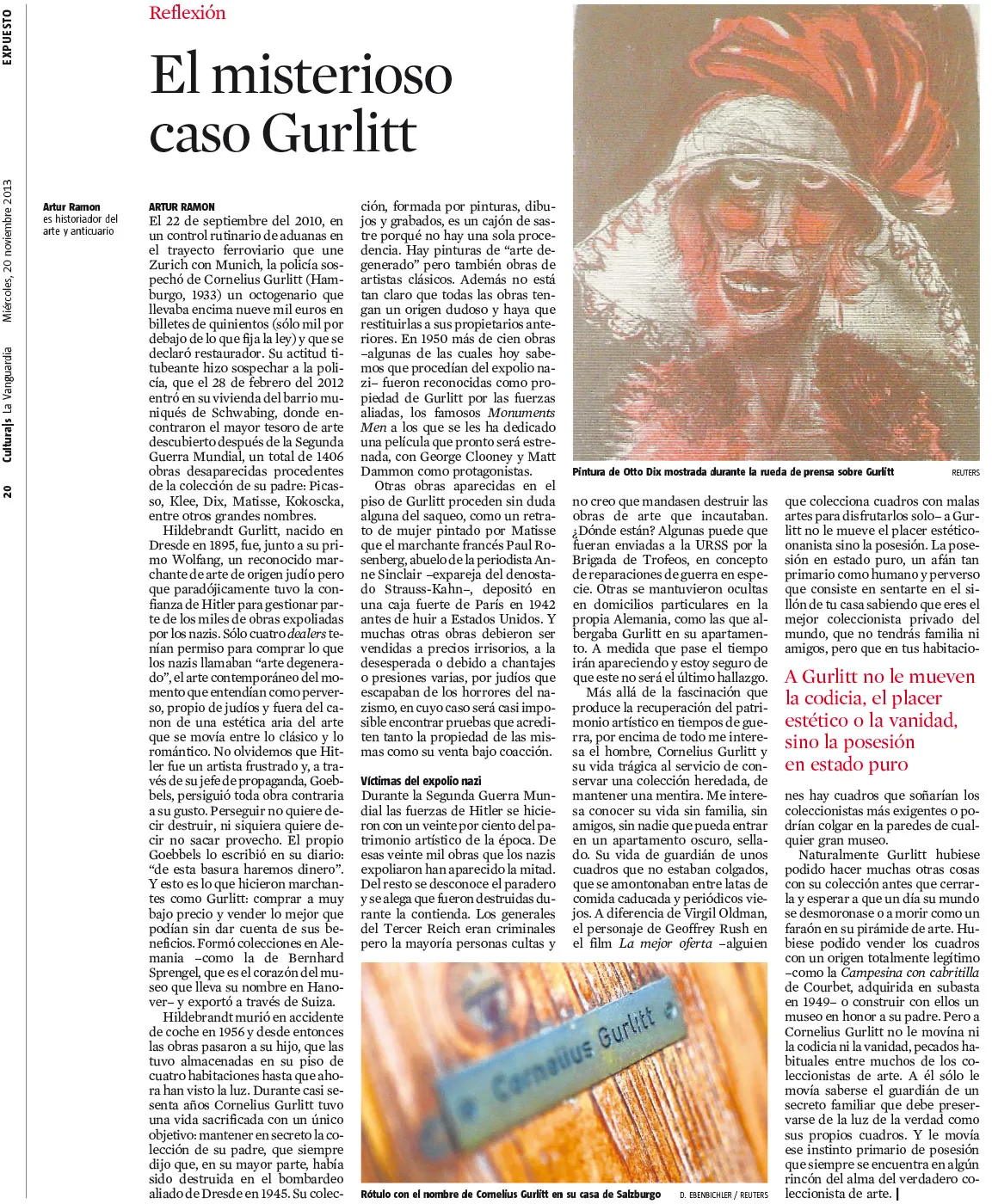 Portada del suplement 'Culturas' de La Vanguardia amb el titular 'El misteriós cas Gurlitt' que investiga l'art robat pels nazis.