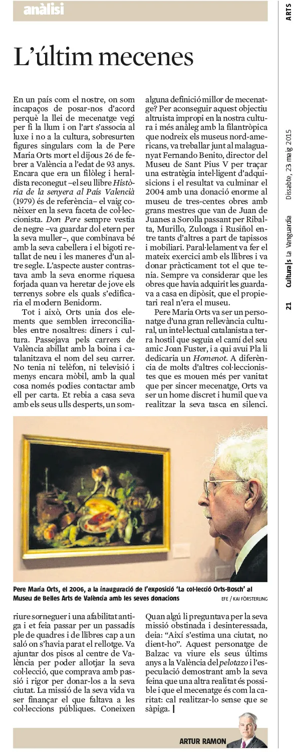 Il·lustració de la portada de la revista 'La Vanguardia Cultura' amb elements artístics, rellevant per a l'article de premsa 'L'últim mecenes'.